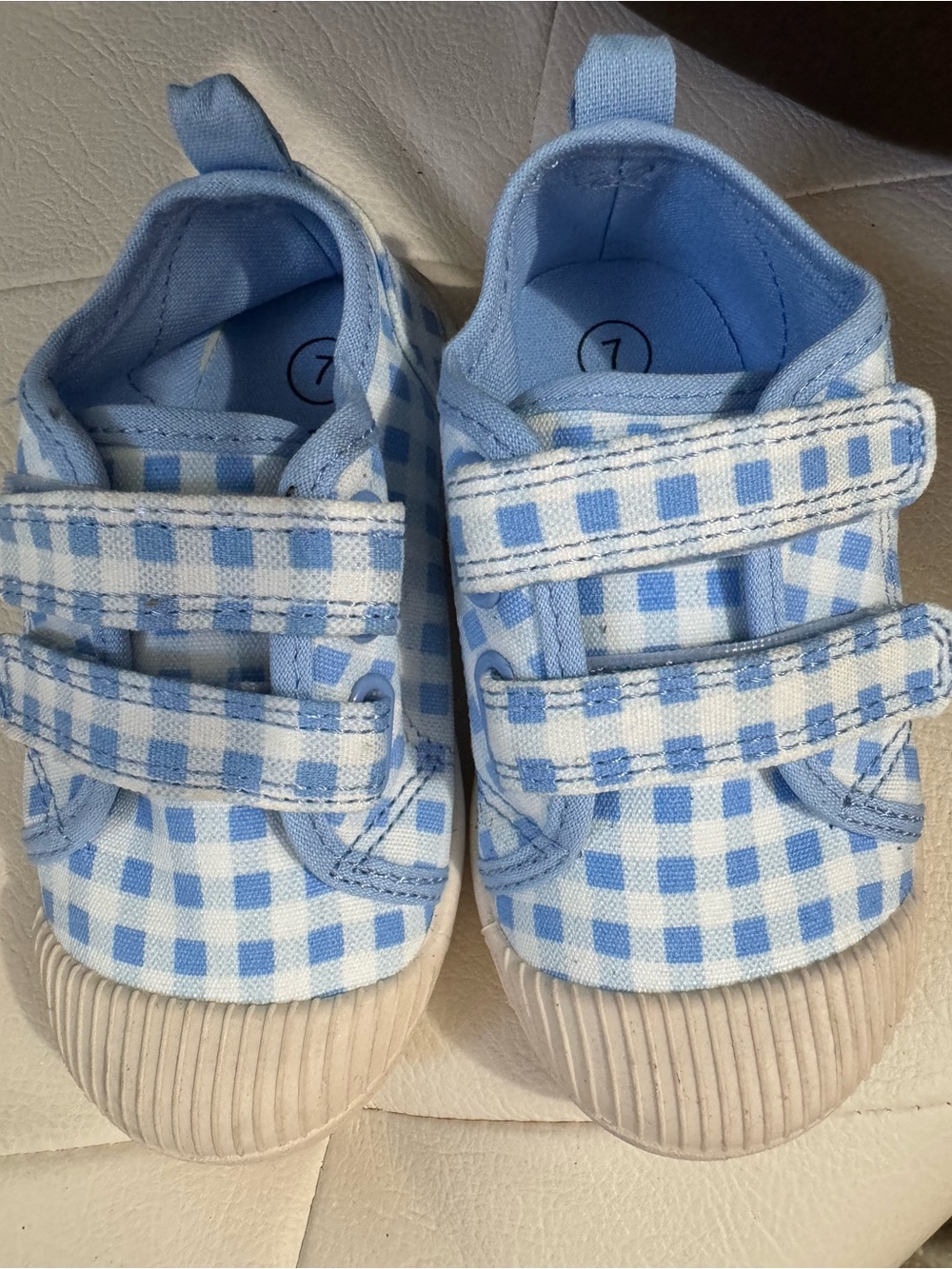 Light Blue Gingham Baby Walker Shoes with Velcro Straps